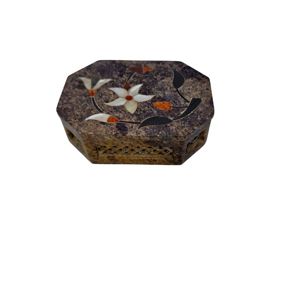 Carved Soapstone Octagone Inlaid Floral Pattern Trinket Box